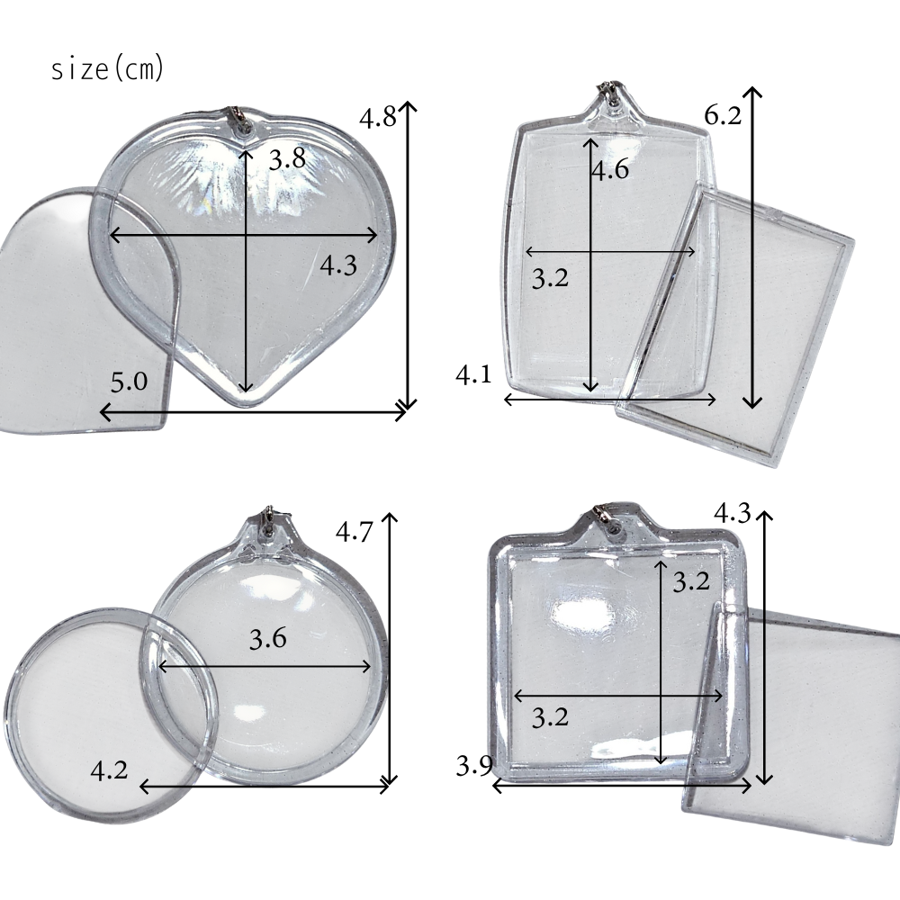 【いずれか10点】 パチッとフタをハメるだけ　クリアキーホルダー　スクエア　丸　ハート　長方形　四角