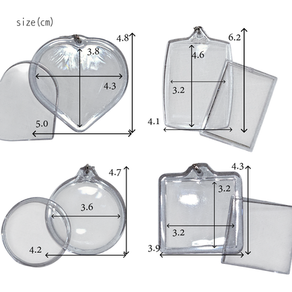 【いずれか10点】 パチッとフタをハメるだけ　クリアキーホルダー　スクエア　丸　ハート　長方形　四角