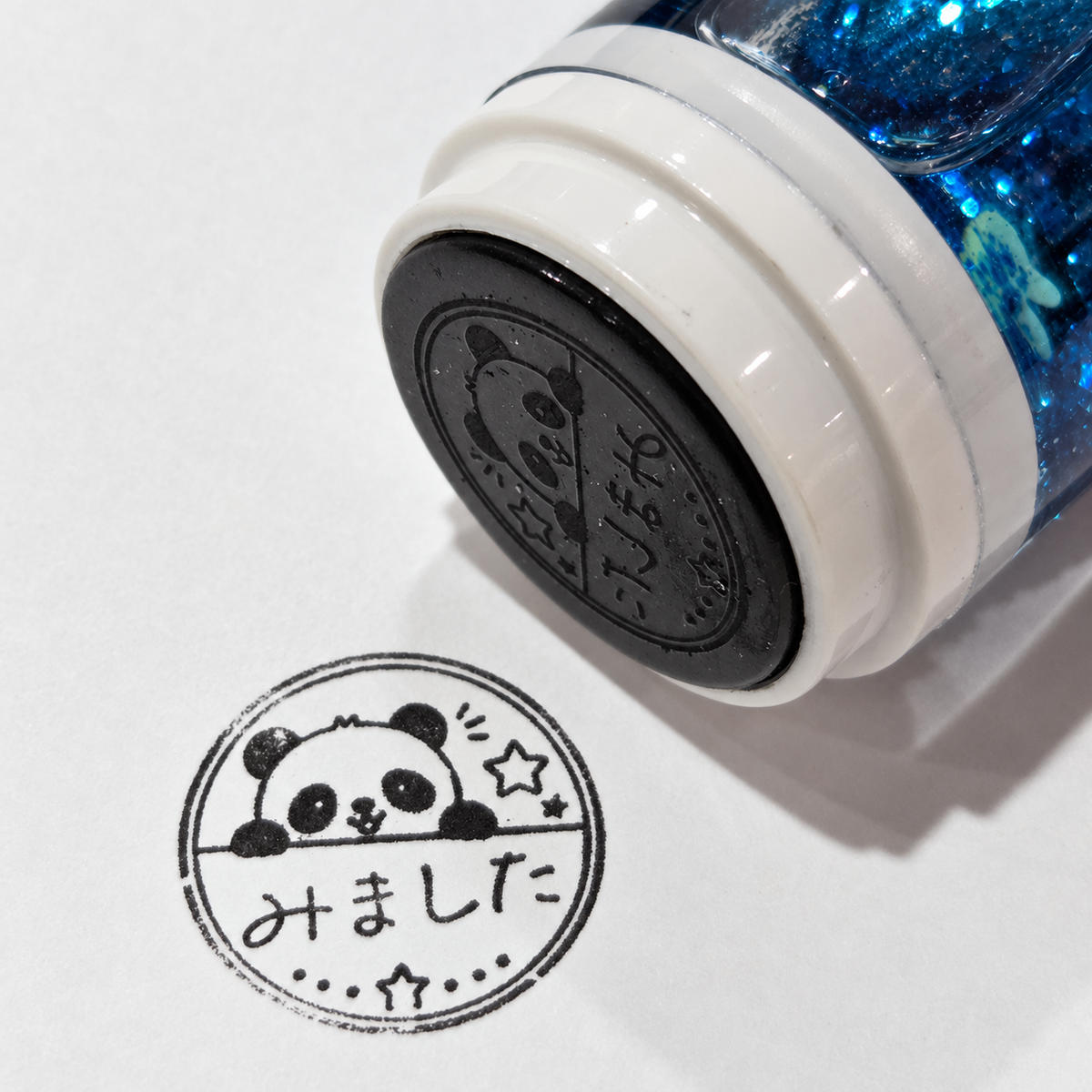 流砂スタンプ 青・パンダ 印面と黒の押印見本